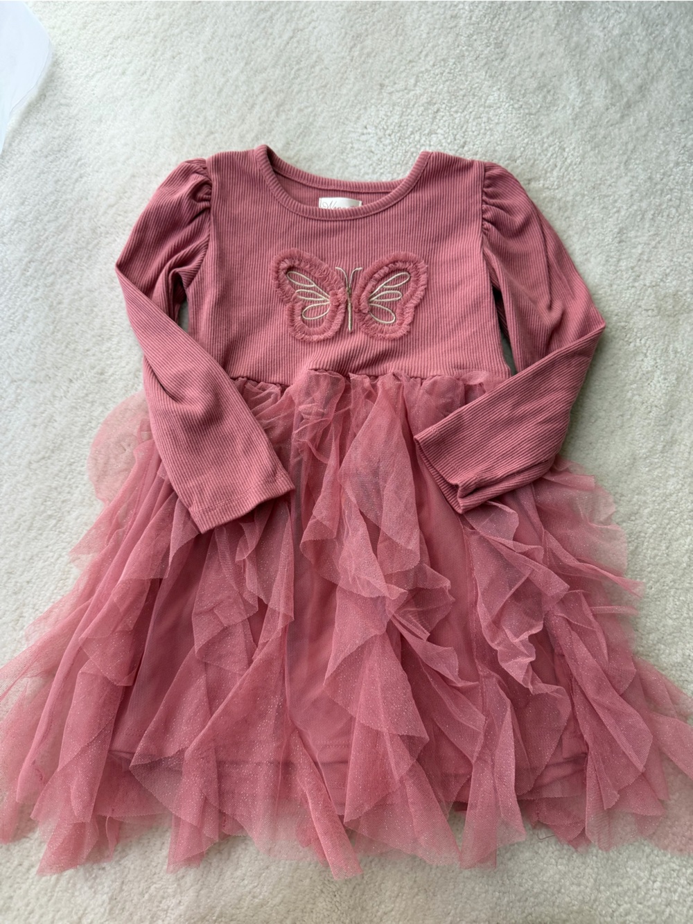 Nannette Rose Pink Butterfly Tulle Ruffles Long Sleeve Dress